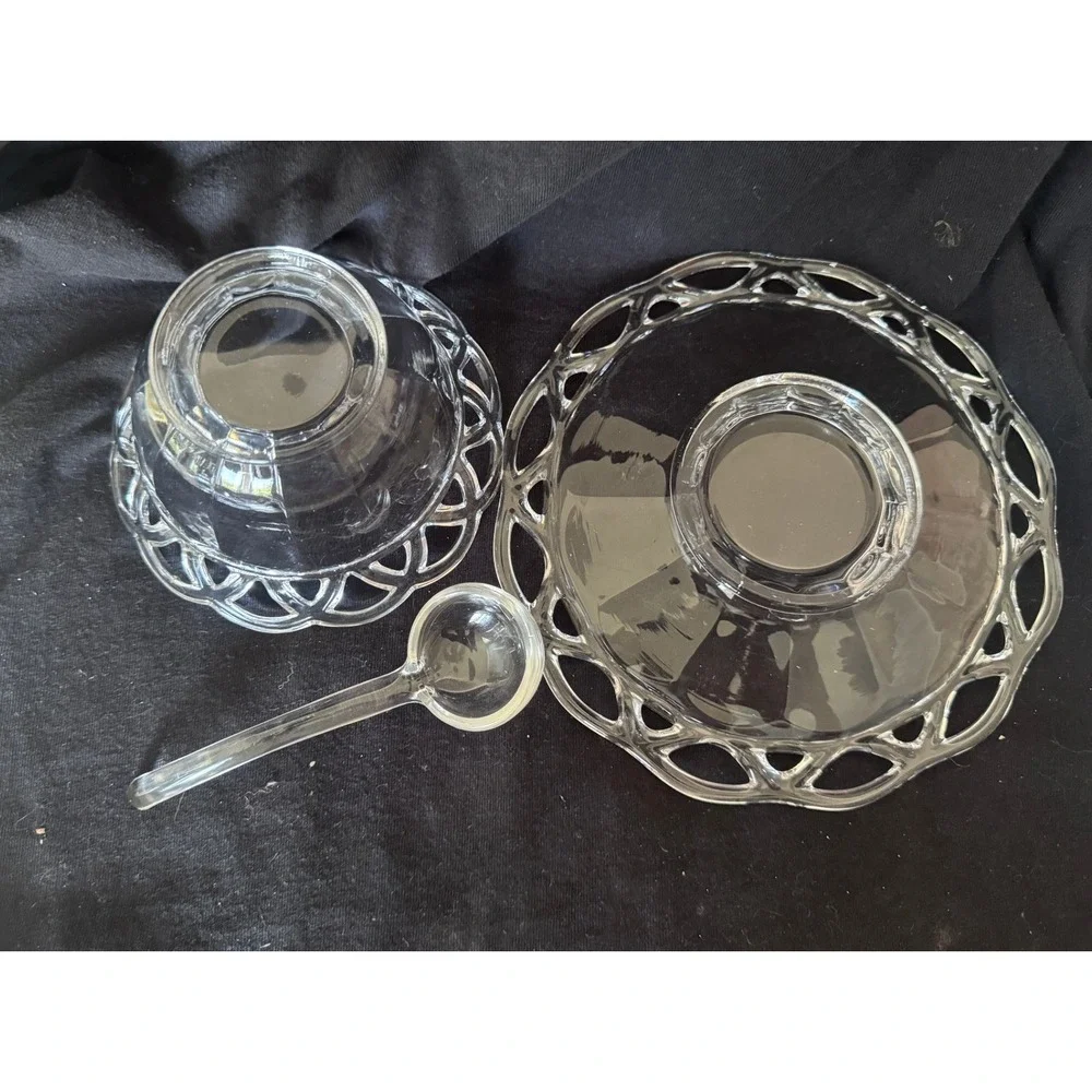 Vintage Clear Glass Mayonnaise Set Lace Edge Bowl Underplate Ladle 3pc Sauce Set